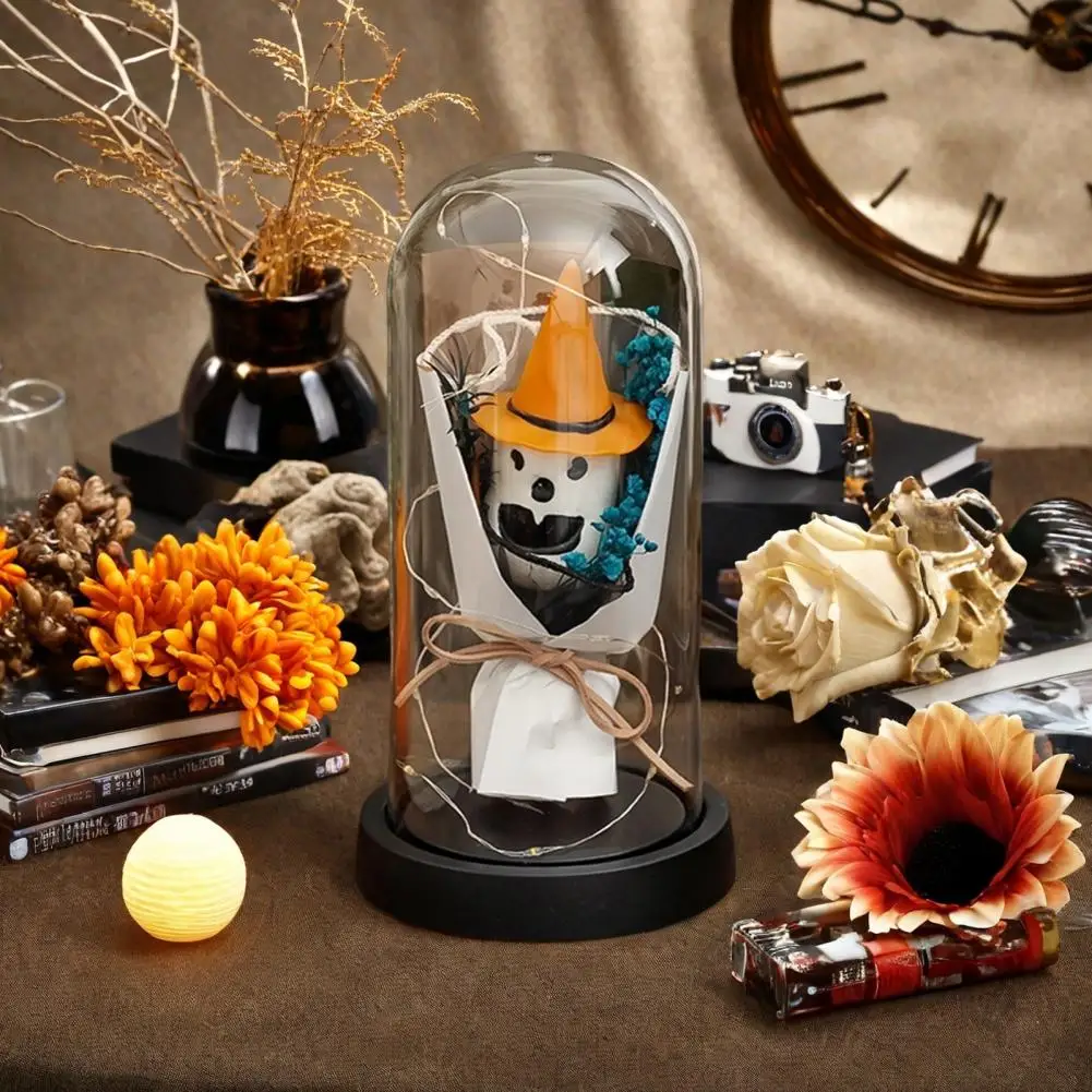 Decoración misteriosa de Halloween, juego de luces Led de noche para Halloween, cúpula, campana de cristal fantasma de calabaza con flor Artificial para el hogar y la cocina
