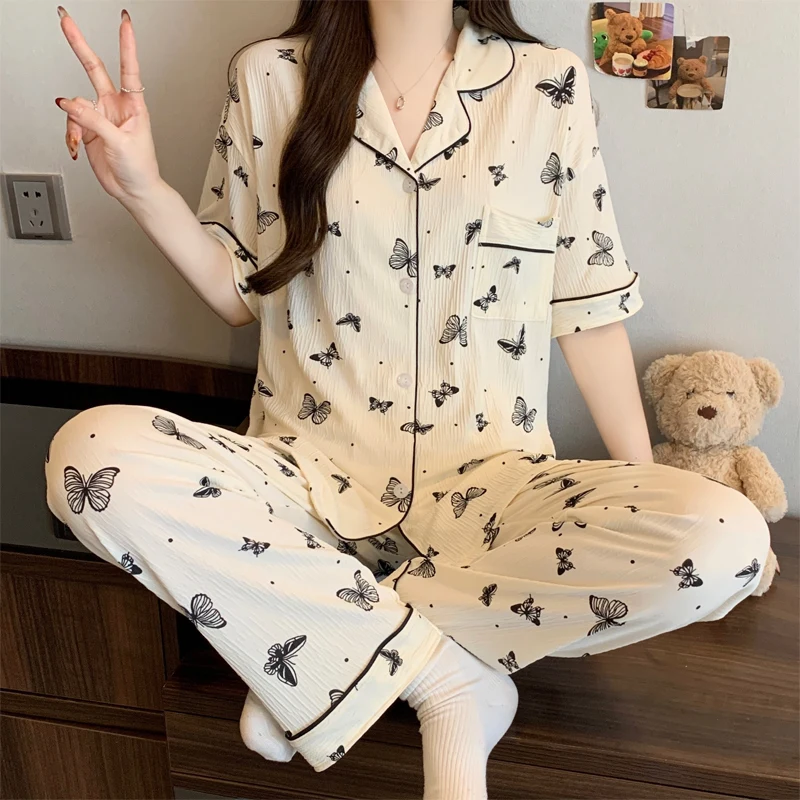 

Женский домашний комплект: пижама с коротким рукавом и брюками, с бантом, из жатой ткани, для студенток