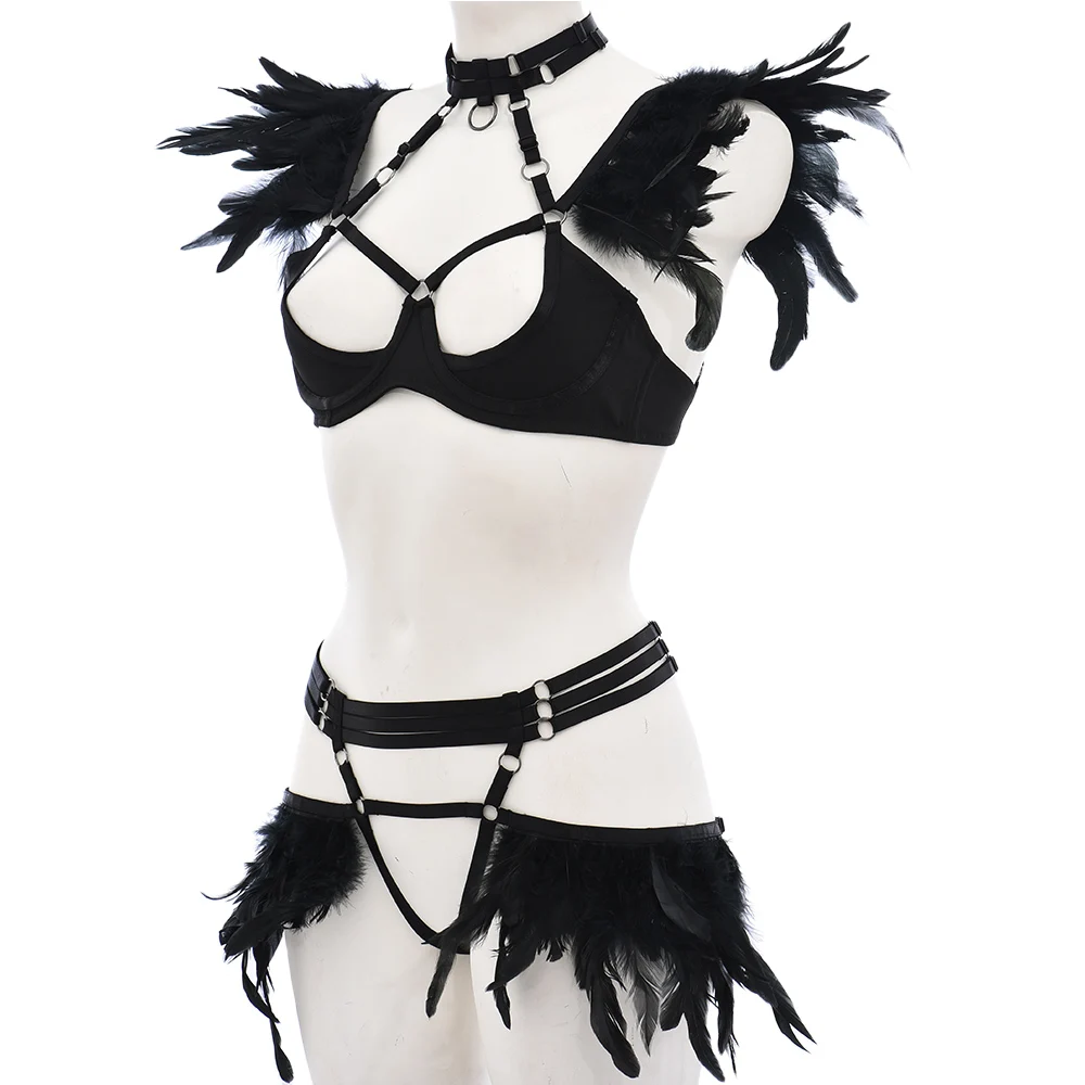 Goth Feather Decorated Body Harness Cage Exotic Sets Women Sexy Lingerie Set Panty Fancy Luxury Kit Punk Halloween Harness Bra