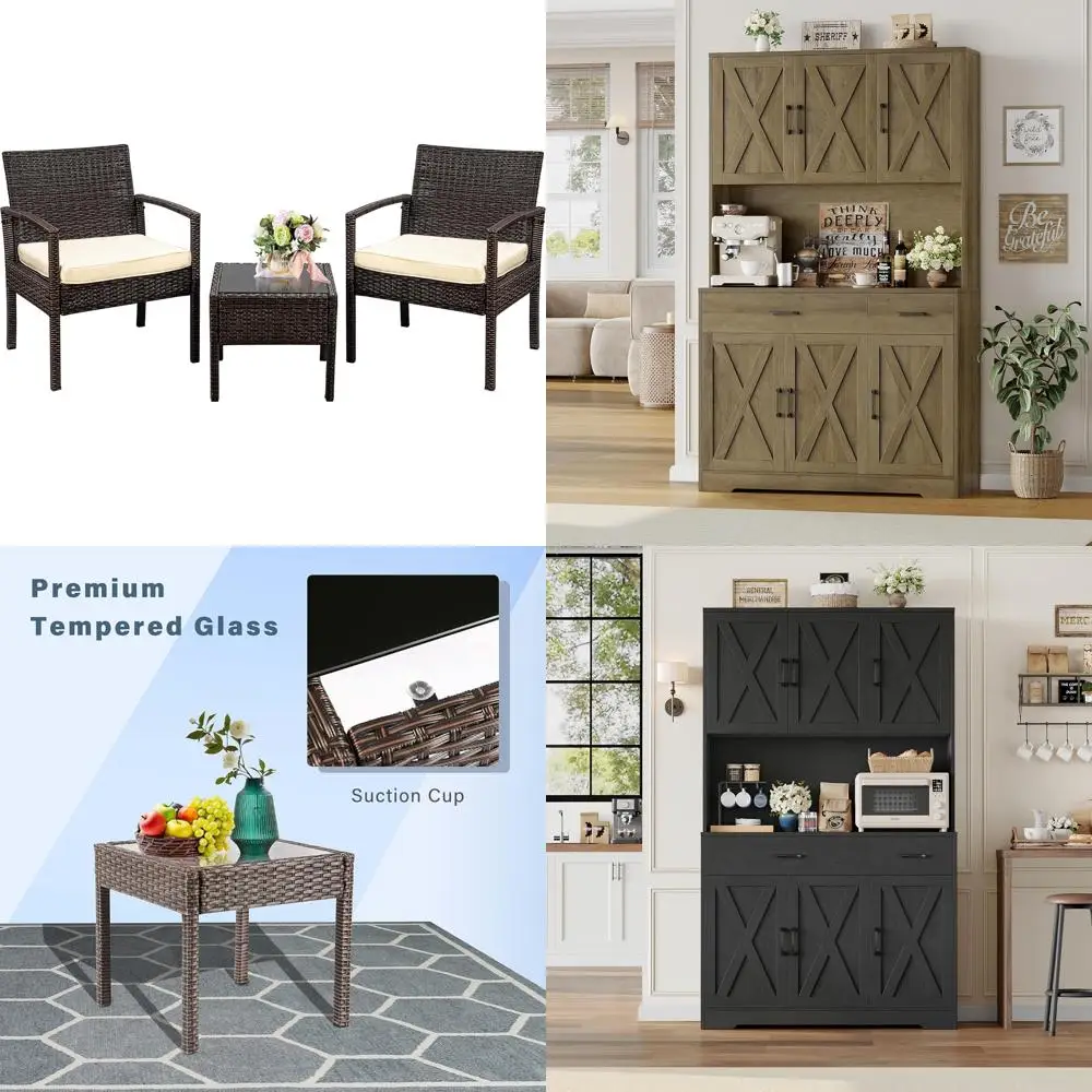 مجموعة أثاث الفناء الخارجي مكونة من 3 قطع: مجموعة محادثة من الروطان مع كراسي خوص مبطنة وطاولة قهوة للفناء الخلفي