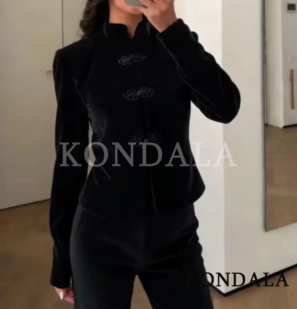 KONDALA Women Trendy Short Jacket Stand Collar Buckle Jacket New Fashion 2026 Spring Summer Dinner Date Chinese Style Short Coat