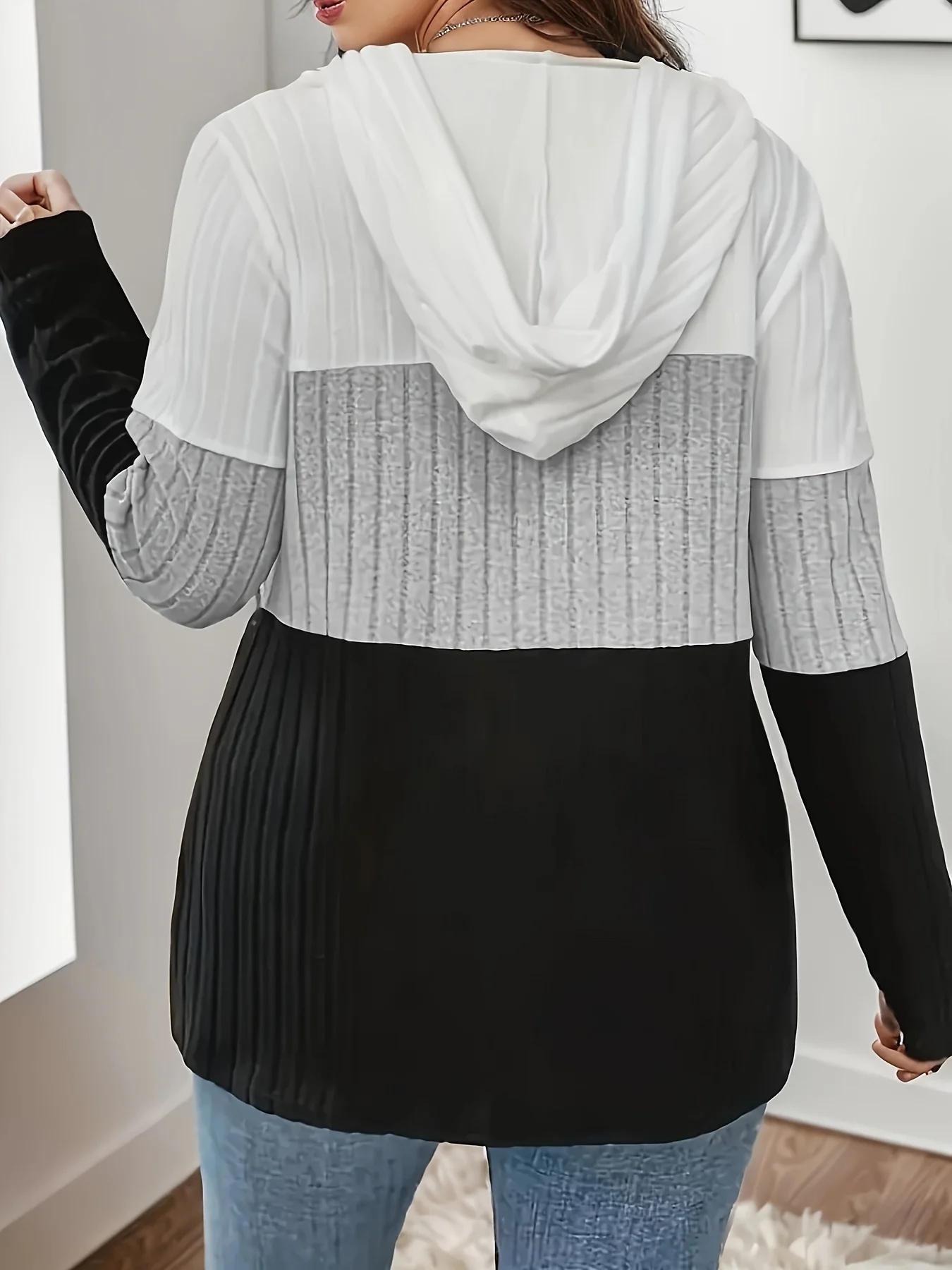 Modisches, geripptes Cardigan-Sweatshirt für Damen in Übergröße mit Kapuze – Detail 10
