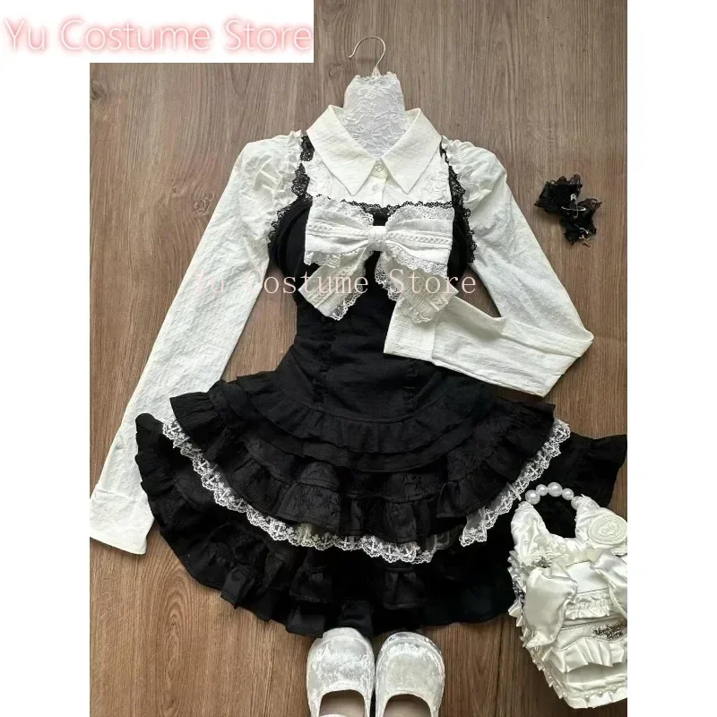 

Sweet Japanese Vintage Suits Women Casual Y2k White Blouse+Mini Skirt Evening Party Clothing Kawaii 2 Piece Sets Chic Yu Cosplay