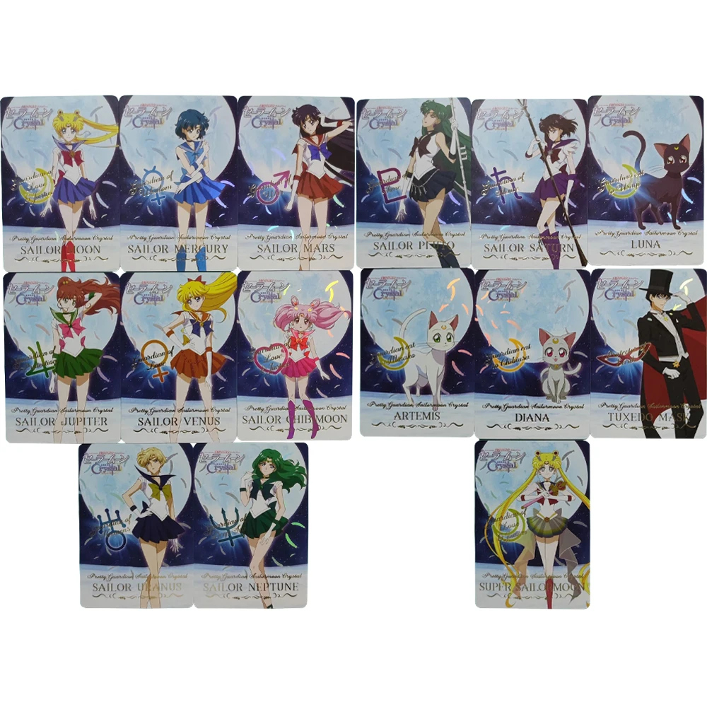 

15Pcs/set Anime Girls Flash Cards Tsukino Usagi Mizuno Ami Hino Rei Aino Minako Kino Makoto Game Anime Collection Cards Gift Toy