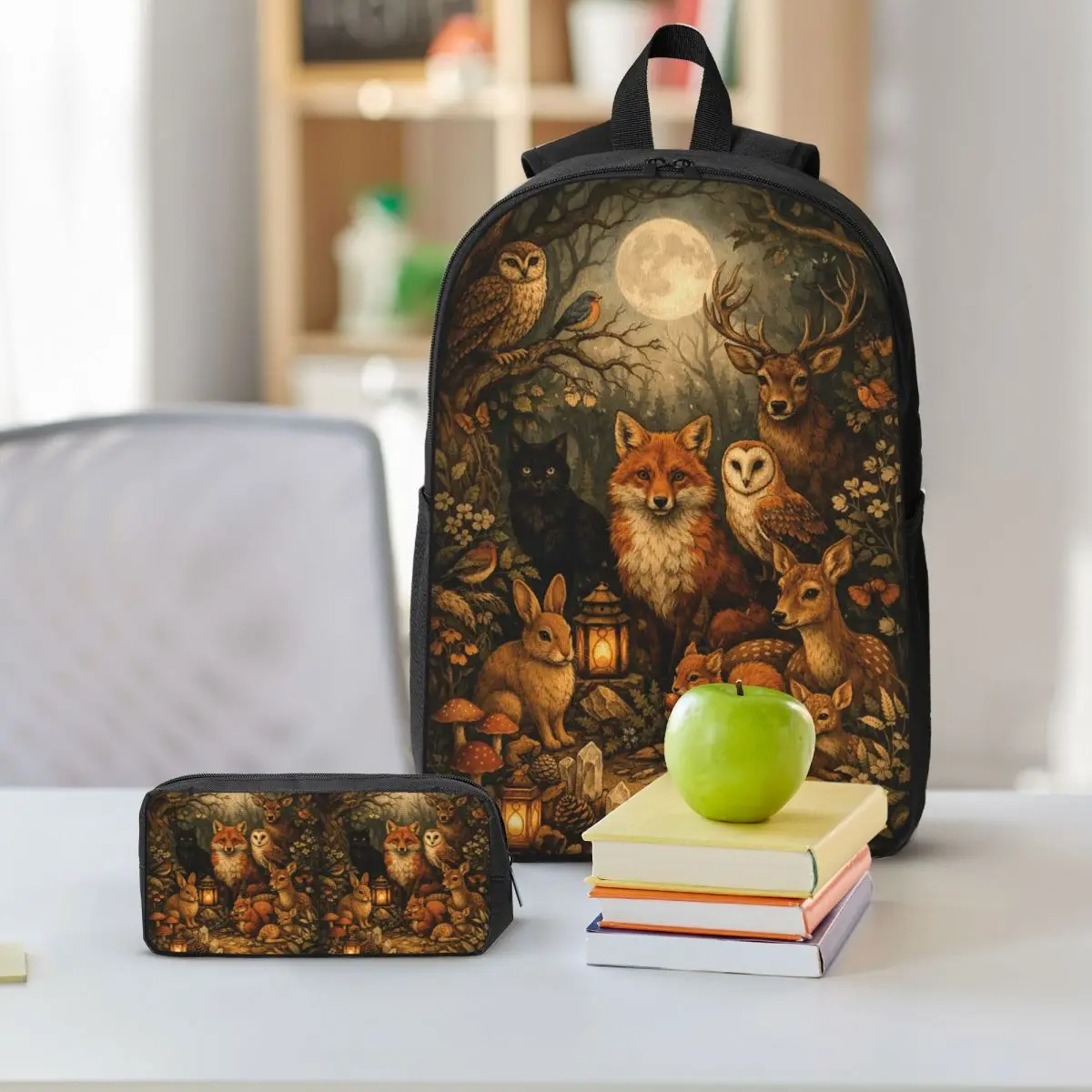 Enchanted Woodland Fox Moonlit Night Backpack Student BookBag School Bag Shoulder Bags 3ps Insulated Lunch Bag Pencil Case