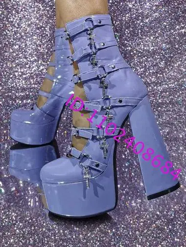 Desiger Women Block High Heel Platform Lavender Belt Buckles Pumps Silver Crosses Buckles High Platform Lavender Pumps
