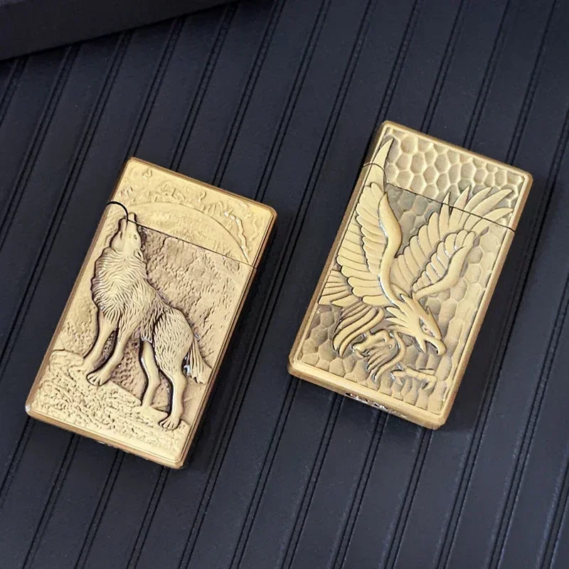 Vintage Collection Engraved Wolf Metal Lighter Butane Cigarette Accessories Windproof Refillable Gas Jet Lighter Gadget Men Gift