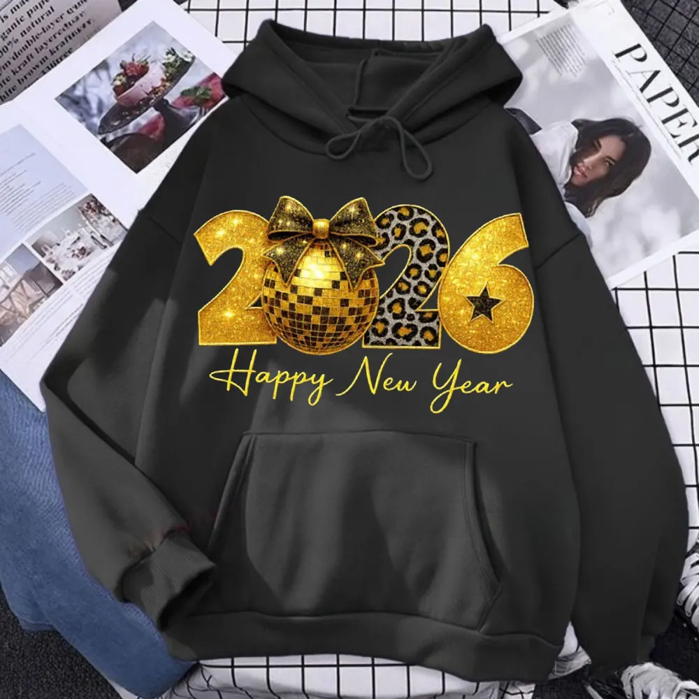 Sudadera con capucha de alabanza de Año Nuevo para mujer, Jersey Retro negro y dorado con bola de discoteca Hello 2026 Y2k, sudadera cálida con lazo