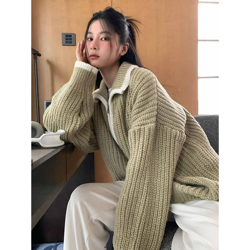 Woherb Sweaters Zipper Women Tops Vintage Contrast Color Thick Loose Cardigan Korean Fashion All Match Autumn Winter Pull Femme