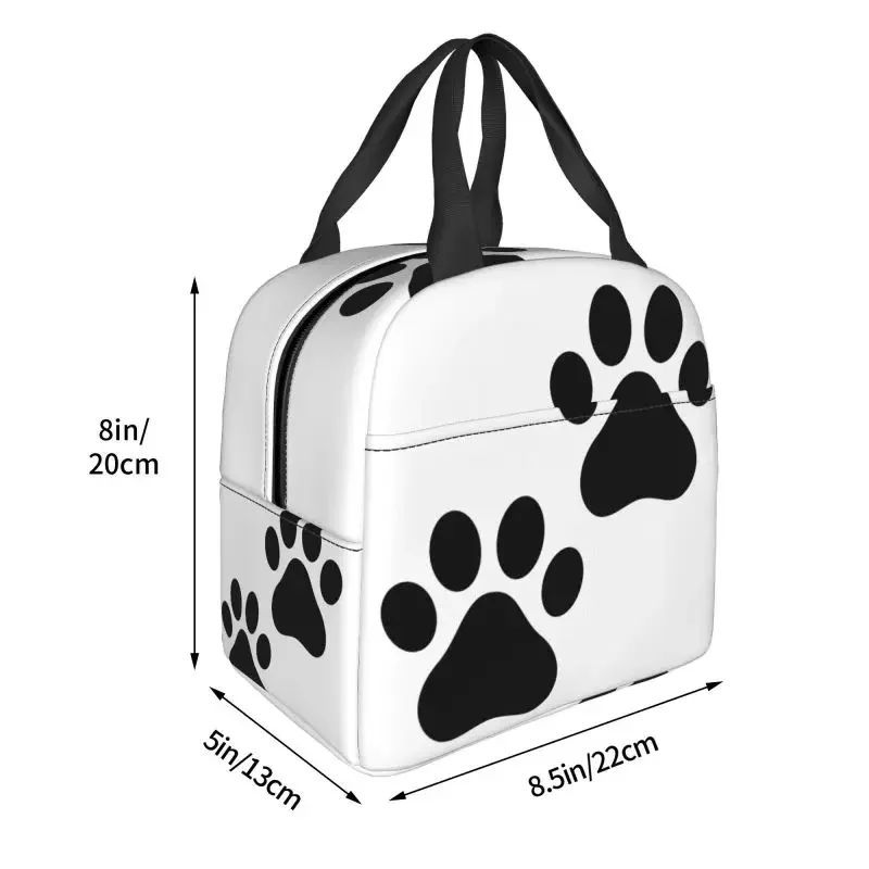 Boîtes à lunch réutilisables à imprimé patte de chien noir pour femmes, sac isotherme étanche, sac isotherme pour enfants, écoliers