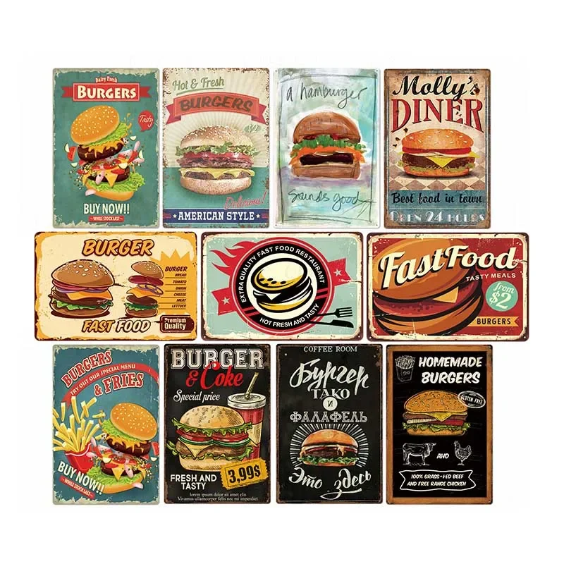 Hamburger Metal Tin Sign Vintage Poster Fast Food Plaque Pub Bar Kitchen Wall Plate Decoration Home Decor 20*30cm