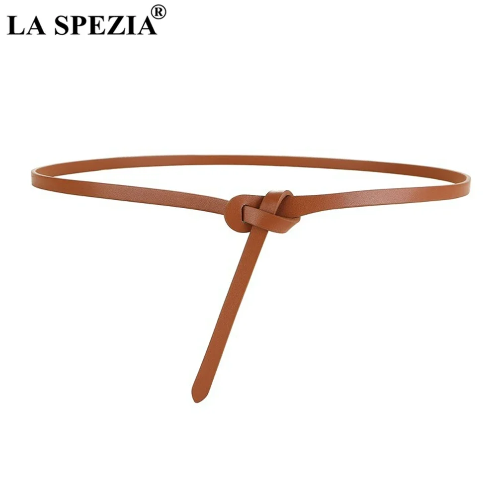 LA SPEZIA Black Knot Women Belt Cowskin Leather Thin Ladies Belt for Dress Quality Second Layer Cow Skin Strap Female Waist Belt