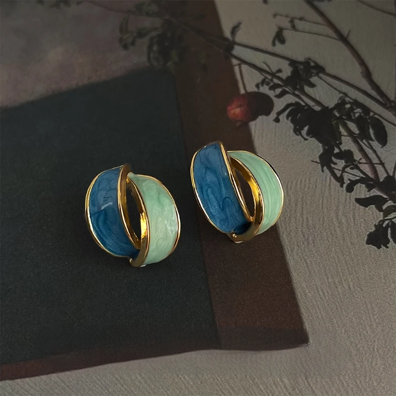 2025 New Vintage Light Vintage [Virgin Blue] French Retro Geometric Cross Earstuds Plated with 14K Design Feel Ear Accessories image 2