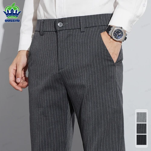 Imagen 1 del producto Pantalones de traje a rayas para hombre, ropa de marca de alta calidad, pantalones casuales largos ajustados de oficina, Color sólido, moda de negocios, Otoño, 28-3