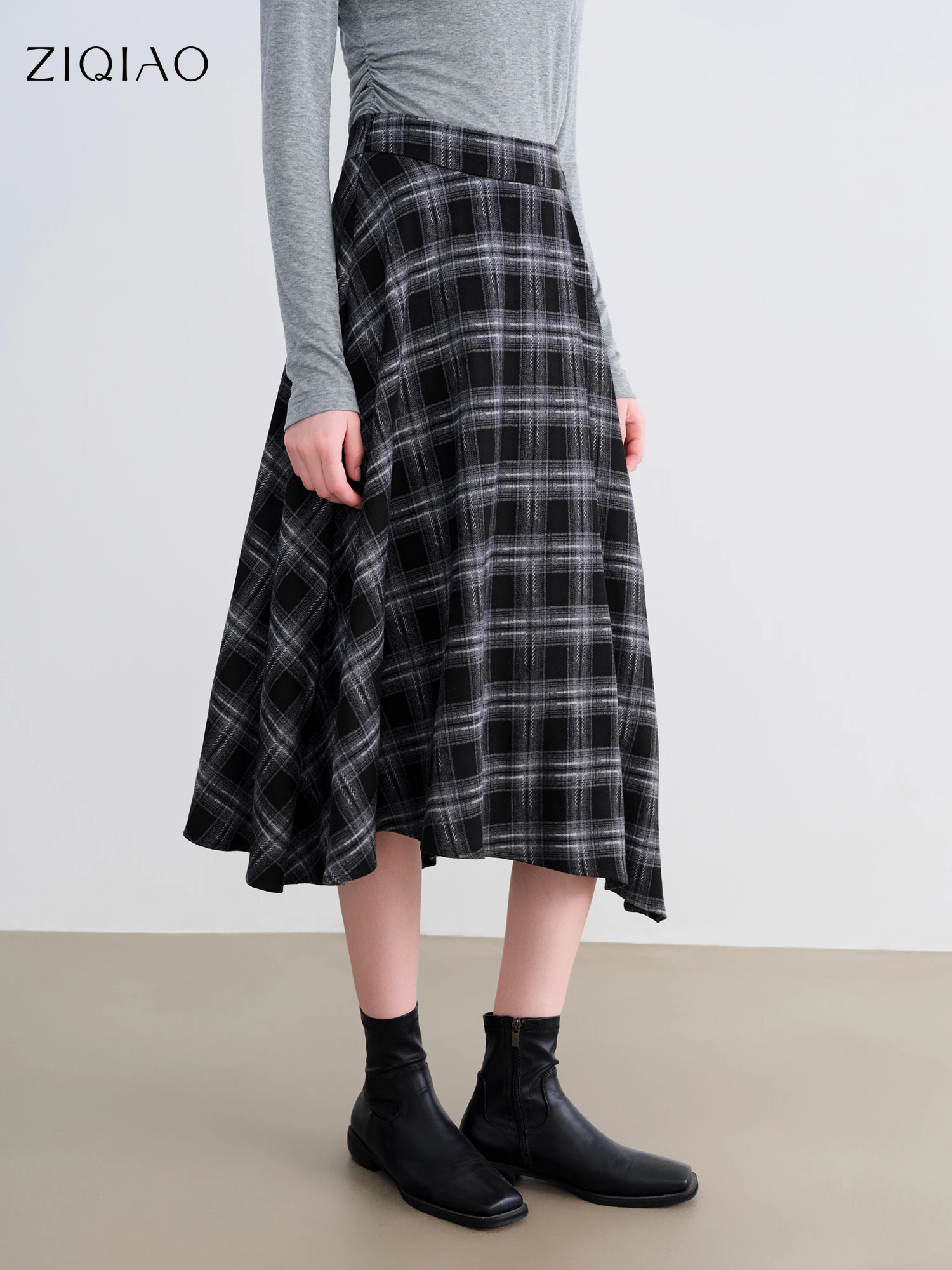

ZIQIAO 2025 Women's Retro Plaid A-Line Skirt - High Waist Flared Swing Midi Skirt with Pleated Detail for Office Casual​
