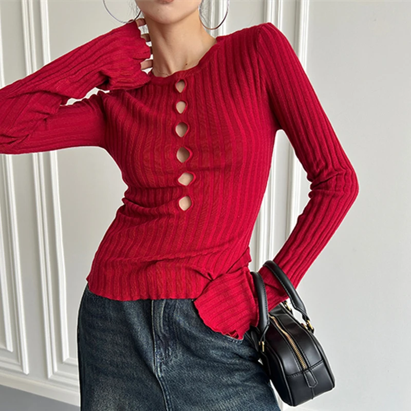 Ladies Autumn Simplicity Fashion Slim Solid Color Hollow Out O-neck Long Sleeve Knitwear Women Office Lady All-match Trend Tops