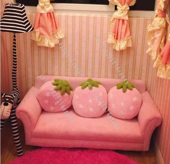 Kids Sofa, Upholstered Toddler Couch Chair With Ergonomic Back & 2 Strawberry Pillows, Double Seat Toddler Armchair For