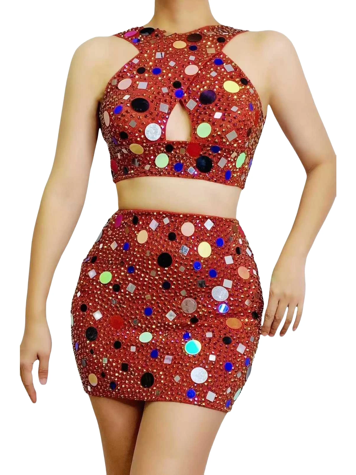 2 Pcs Set Women Outfits Sequin Stretch Singer Dancer Costumes