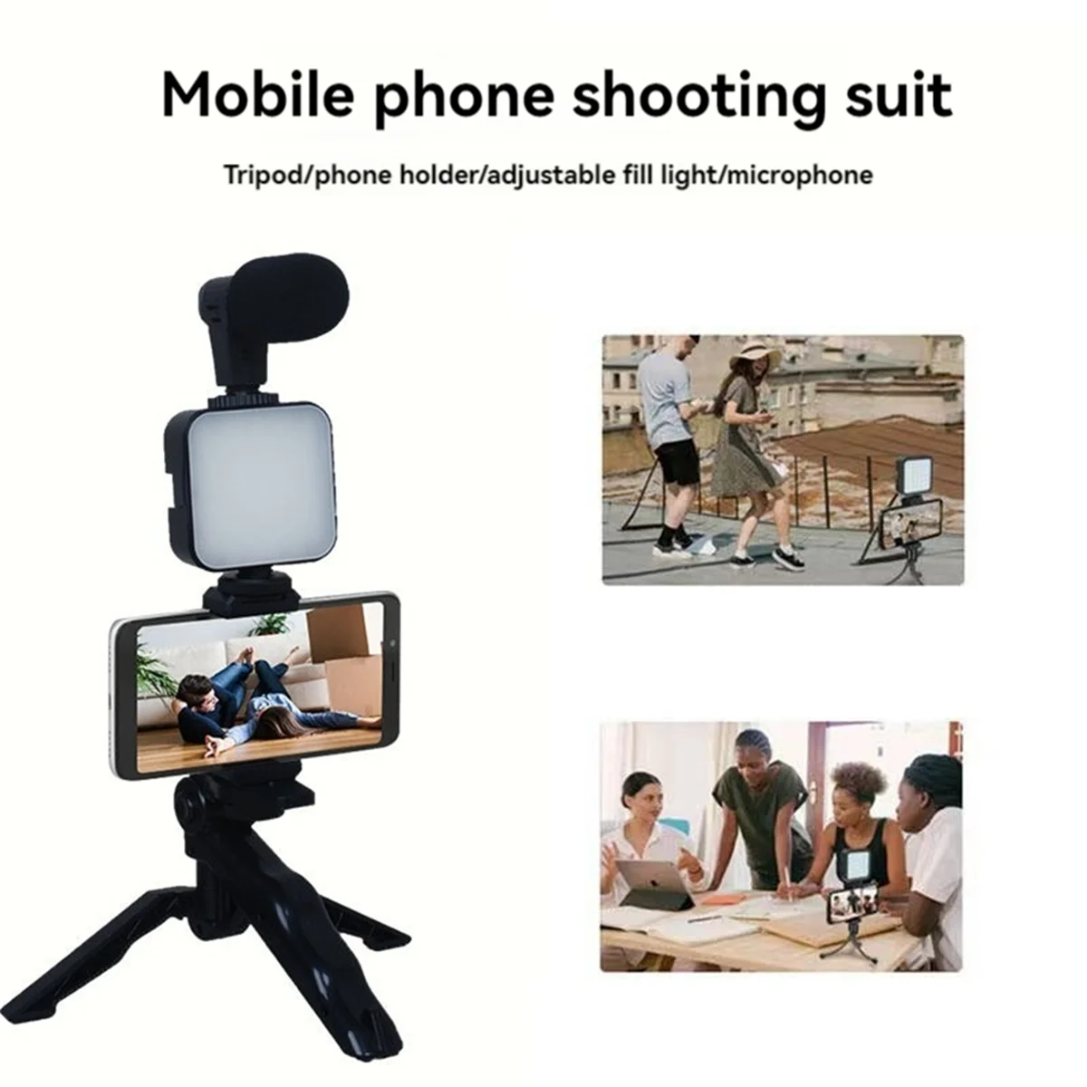 Mobile Phone Tripod Kit with Microphone LED Fill Vlog Video Making Kit for Live Recording Selfie Study A