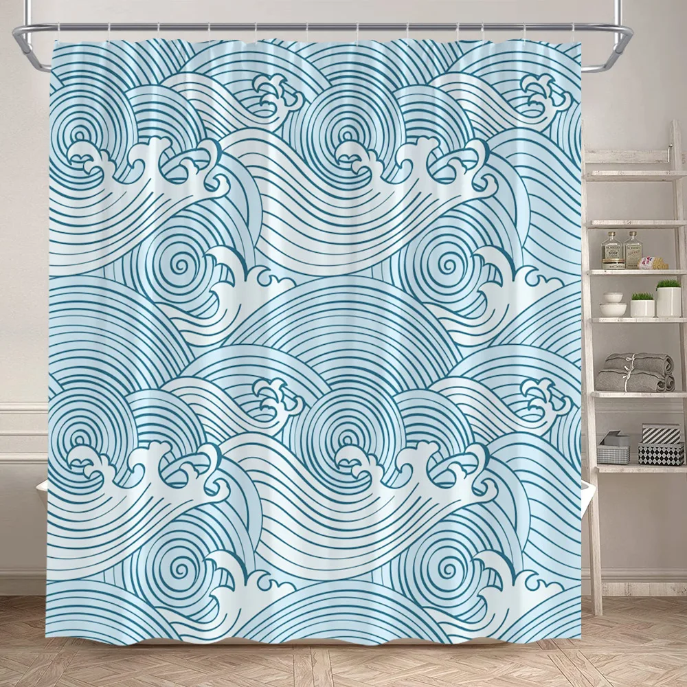 Abstract Blue Sea Waves Shower Curtains Japanese Style Art Modern Polyester Fabric Home Bathroom Curtain Decorative With Hooks