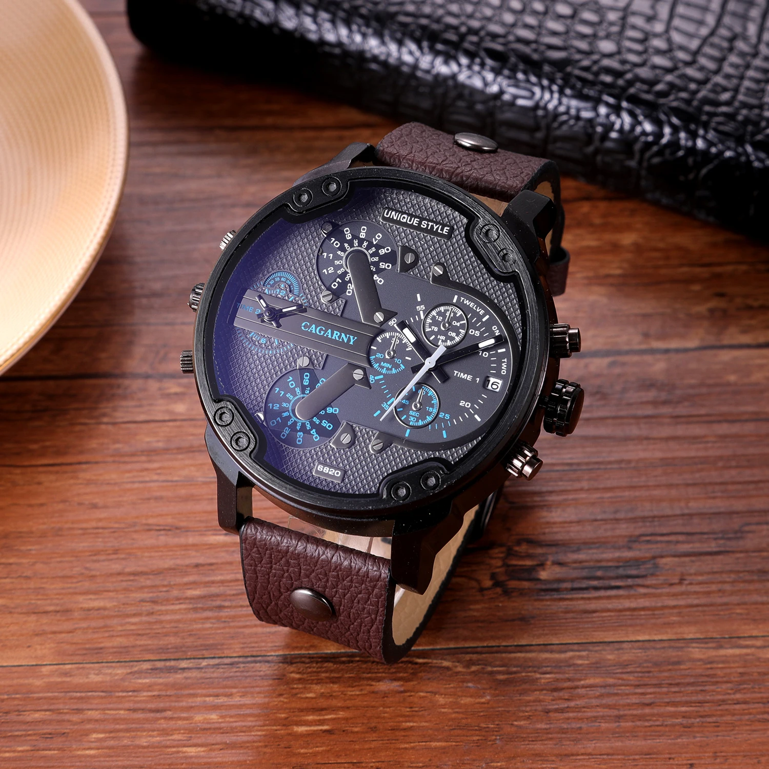 CAGARNY Original Brand Large dial 6820 dual time zone Leather Man Wristwatch Date Waterproof Fashion Casual Men\'s Quartz watches