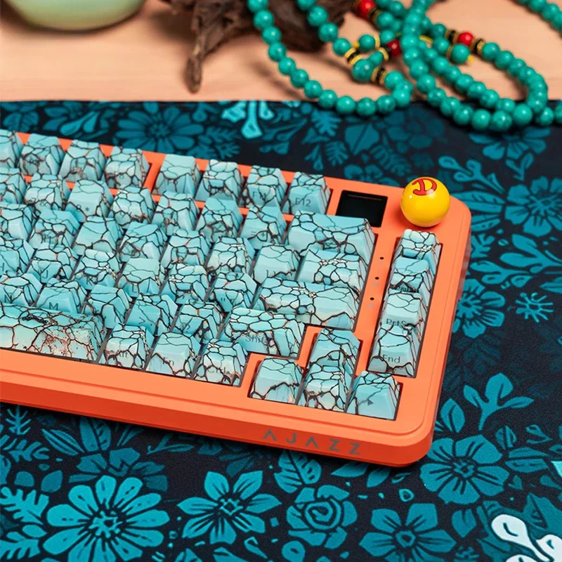 ターコイズ、クラック、模造セラミック、キーキャップ均一光透過、サイド刻印キーキャップ、ターコイズキーキャップ