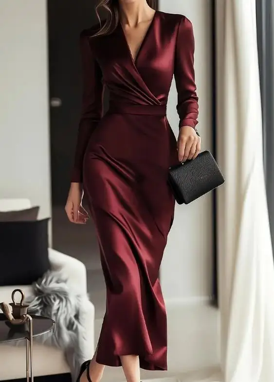 

2025 Autumn New Women's Fashion Elegant V-neck Waist Long Sleeve Solid Color Slimming Dress