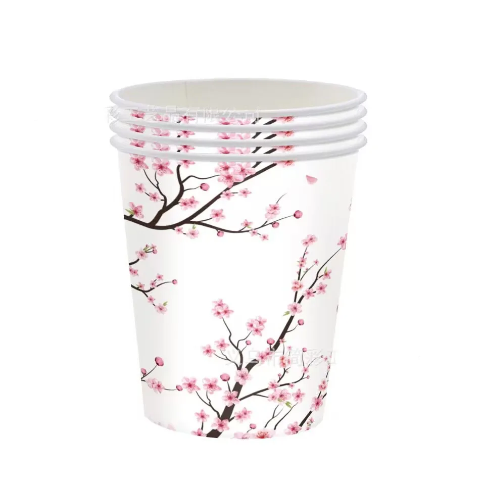 Neues Rosa Kirschblüten Einweggeschirr, Pappteller, Becher, Servietten, Tischdecken, Strohhalme, Hochzeits-, Geburtstagsparty-Zubehör – Detail 2