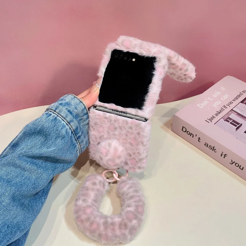 Leopard Furry Soft Candy Color Plush Phone Case For Samsung Z Flip 8 7 6 5 4 3 Fold 8 Ultra Winter Warm Cover With Lanyard