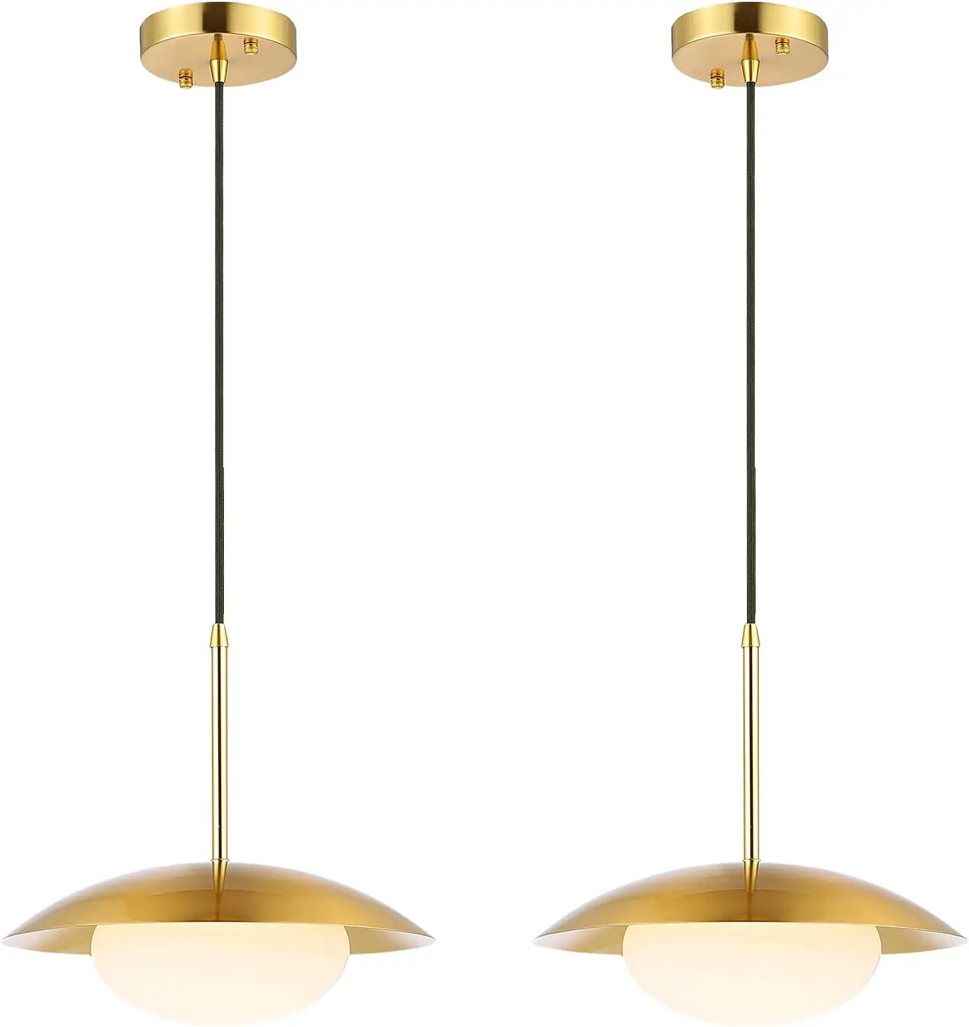 

Pendant Lighting Set of 2 Industrial Hanging Light Brushed Brass Finished Dome Shades White Globe Glass Lampshade Light Fixture