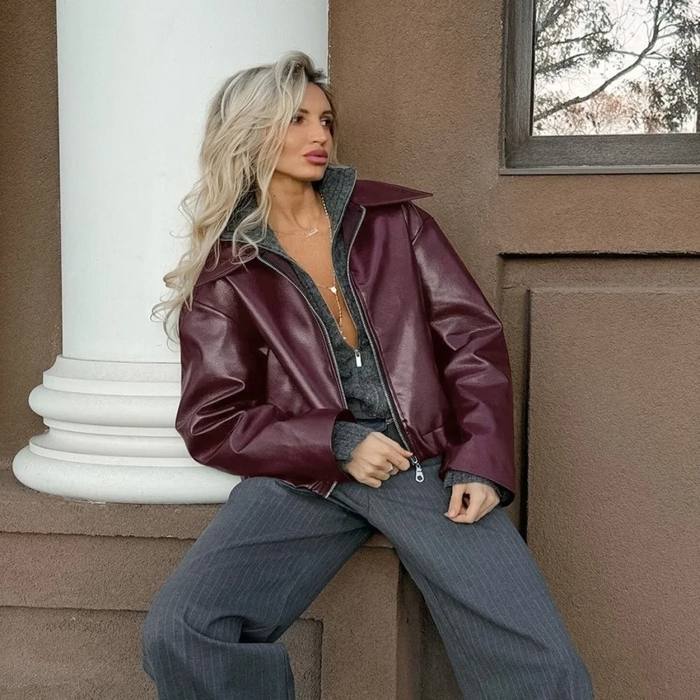 Vintage PU Leather Jacket Matte Shell Stand Collar Faux Leather Outer Wine Red Zip Closure Women Fall Wear Daily Outing