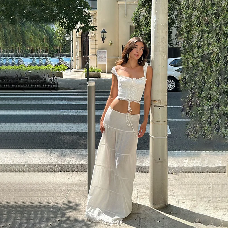 Maemukilabe Y2K Aesthetic Fairy White Long Skirt Women Vintage High Waist Tie Up Lace Trim Maxi A-Line Skirt Korean Streetwear