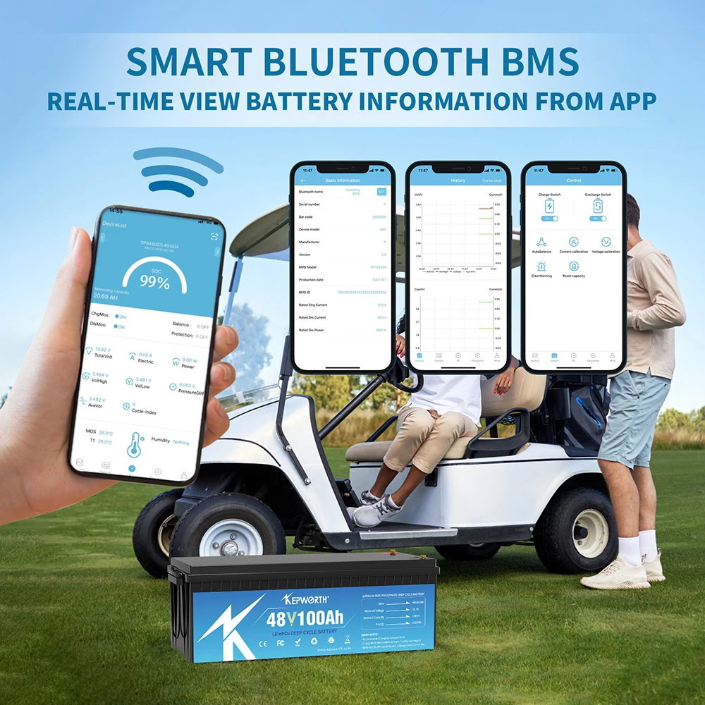 Baterai LiFepo4 48V 100Ah dengan BMS Bluetooth 200A, Seumur Hidup 10 Tahun, Cocok untuk Kereta Golf, Perahu, Motor Trolling, Mesin Pemotong Rumput