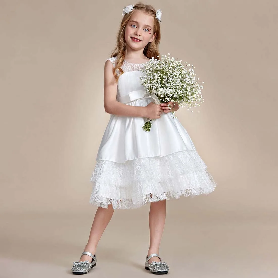 YZYmanualroom Elegant Lace and Bowknot Tiered Flower Girl Dress 2-15T