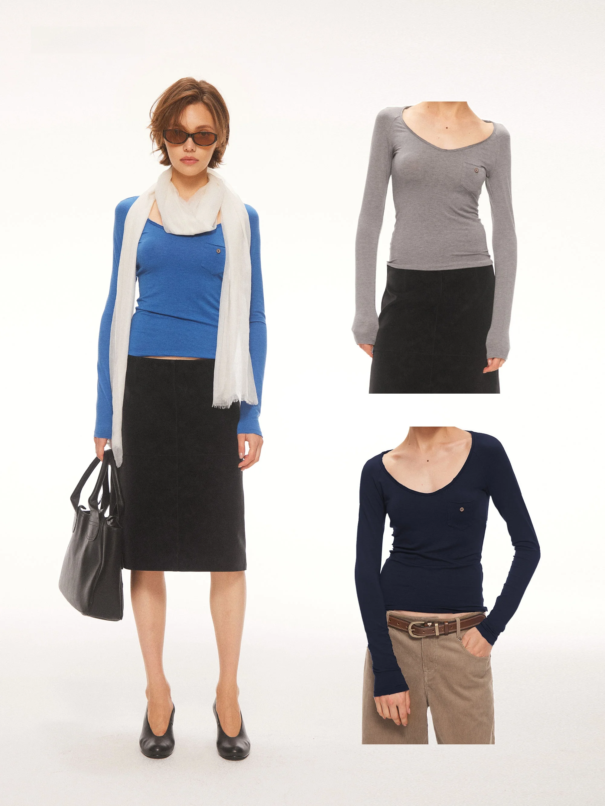 AHNKANK Autumn New Style Women's Long Sleeve Knitted Wool Blend T-shirt Loose V-neck Casual Fit Top U-neck Knitwear