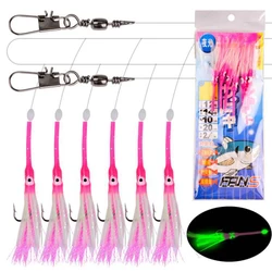 6-Hooks Luminous Octopus Mackerel Feathers Sabiki Bait Rigs with String Lures Fishing Squid Marathon Rigs Glow Fishing Lure Set
