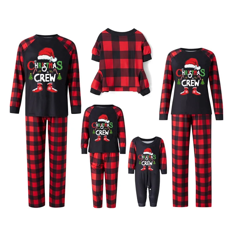 Blotona Family Matching Christmas Pajamas, Baby Romper/Letter Christmas Hat Print Long Sleeve Tops + Plaid Pants Sleepwear Set