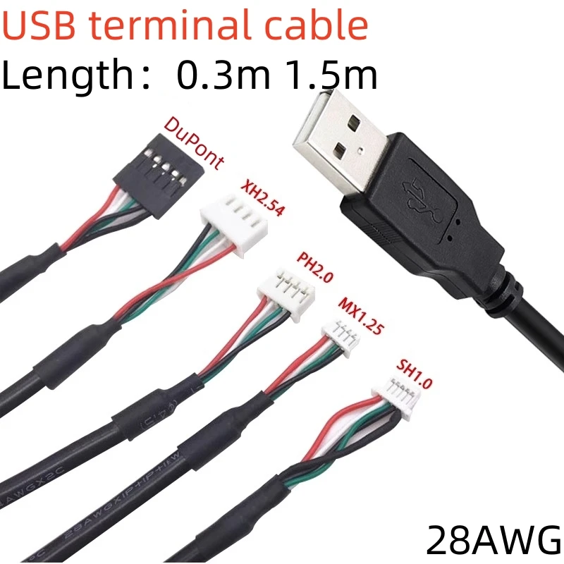 1PCS USB Terminal Cable Data Cable 1.25/PH2.0/XH2.54-4P DuPont Adapter Extension Cable 28AWG