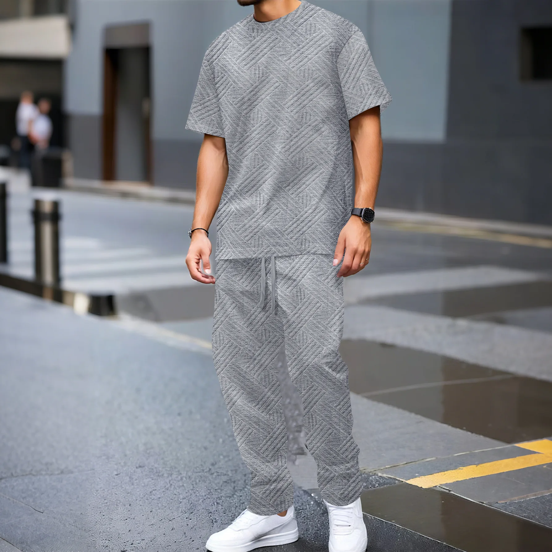 

2025Men's Spring Summer Fashion round Neck Jacquard Sporty Street Style Casual T-Shirt Half Sleeve Long Pants Two-Piece Set