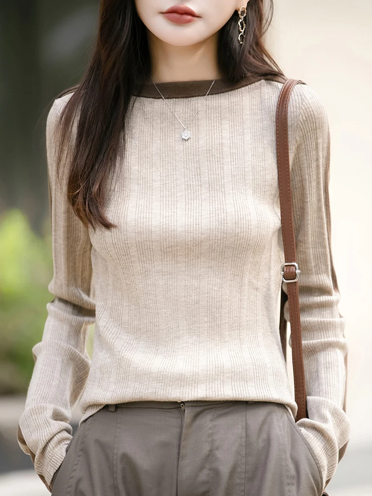 Women Fine Wool Color Blocking Sweater Boat Neck Vertical Stripe Pullover Bottoming Shirt Autumn Winter Casual Warm Knitting Top