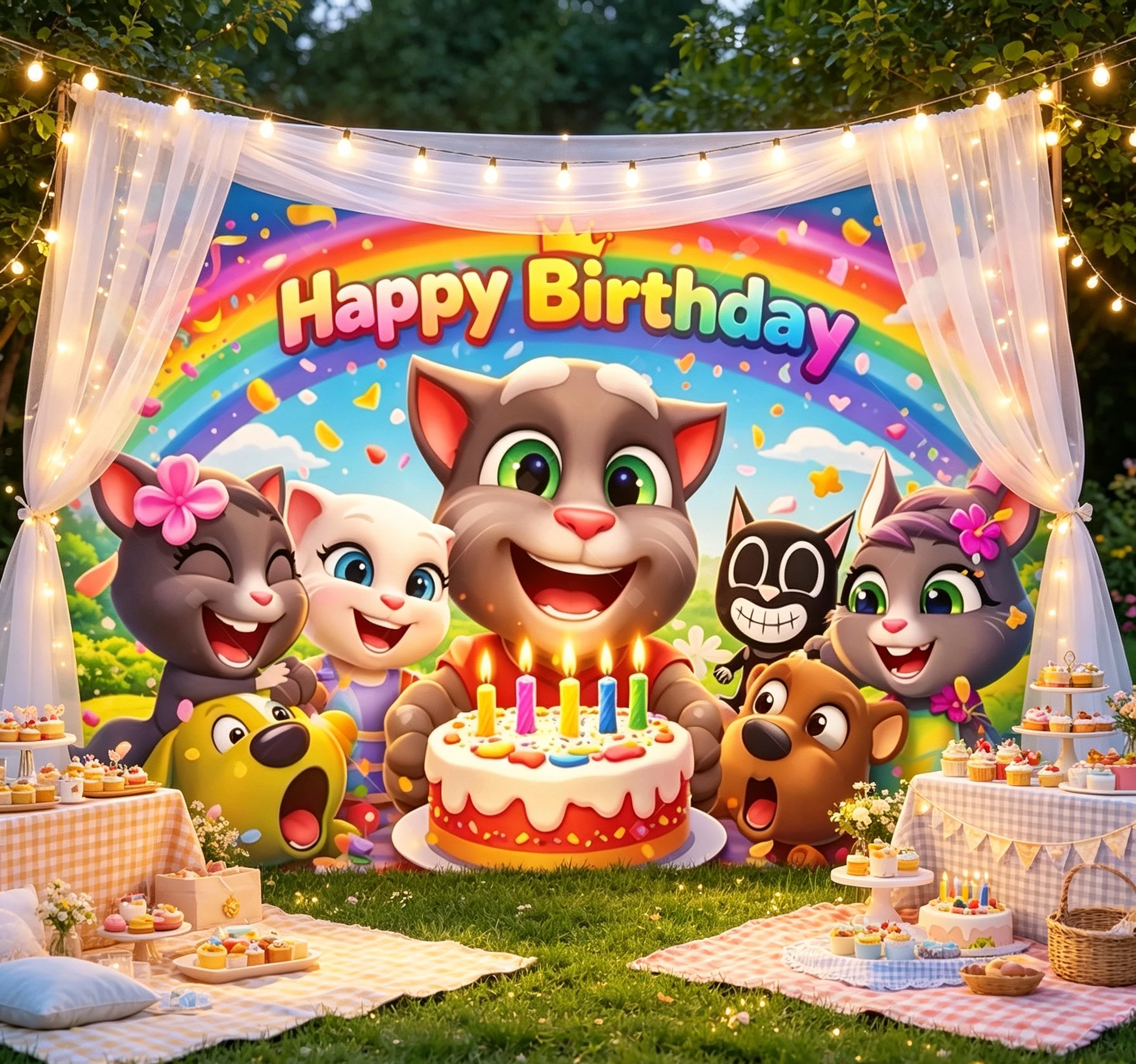 Talking Toms Friends Happy Birthday Hintergrund Cartoon Katze Hund Regenbogen Foto-Banner Kindergeburtstag Party Deko Fotorequisiten – Detail 4