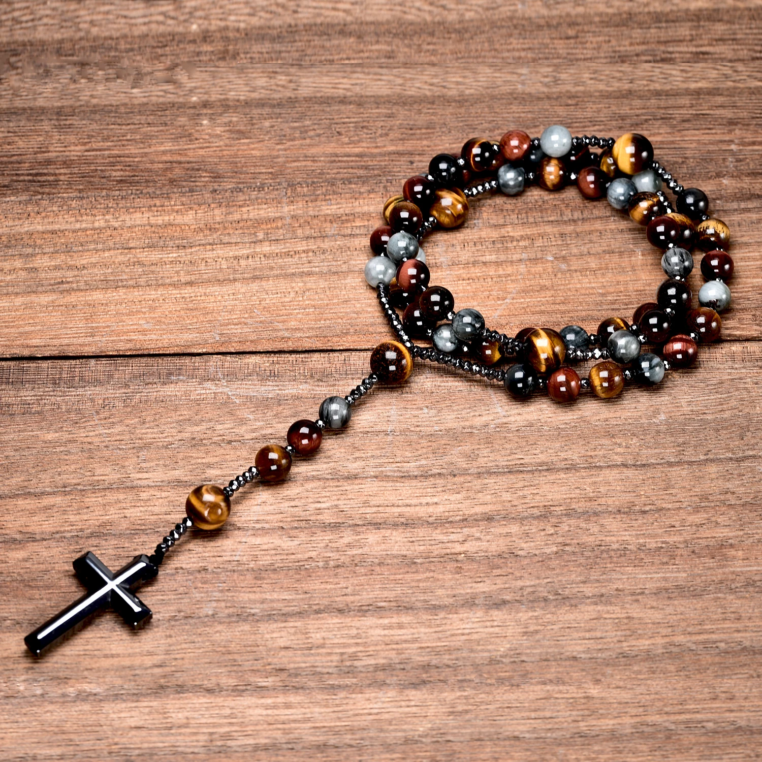 Collares de Rosario de Cristo católico con piedra de ojo de tigre, collar con colgante de cruz de hematita de ojo de águila