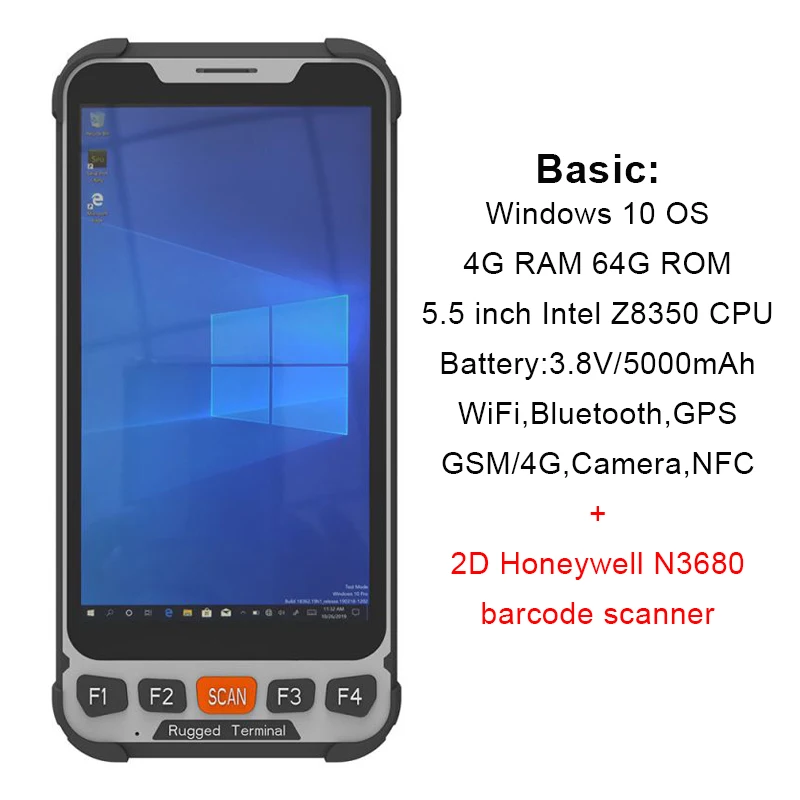 Handheld Terminal PDA Robusto, Coletor de Dados com Barcode Scanner, Disponível com Alça, Base de Carregamento, Windows 10, 5.5"