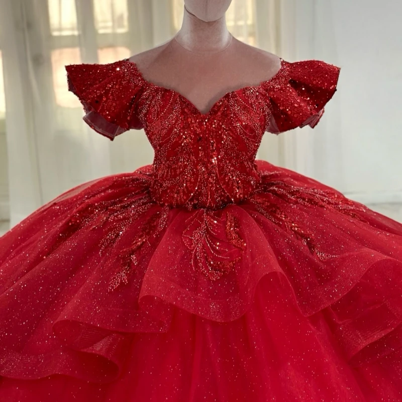 빨간색 반짝이는 킨세아녜라 드레스 볼 가운 오프숄더 레이스 비딩 크리스탈 티어드 튤 파티 생일 스위트 16 드레스 베스티도스