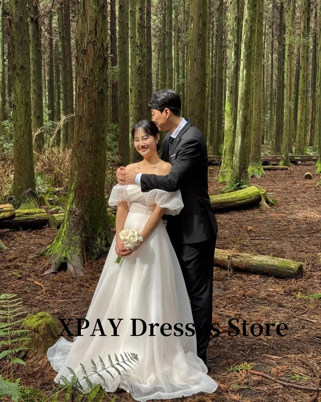 

XPAY Simple Silk Organza A Line Wedding Dresses Puff Short Sleeves Strapless Bridal Gowns Princess Corset back Customized