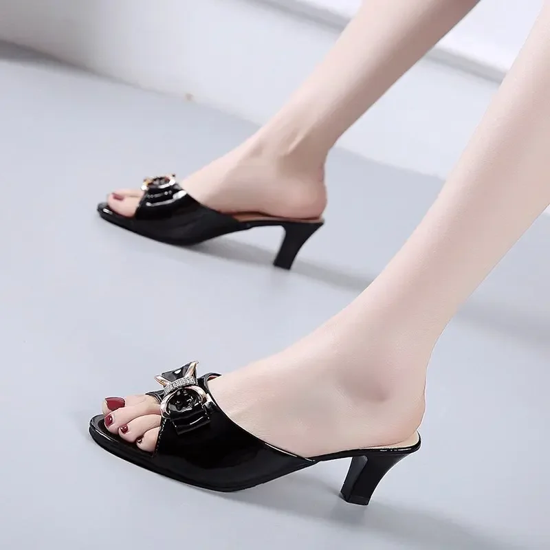 WDHKUN Women Cute White Pu Leather Open Toe Slip on High Heel Shoes for Summer Party Lady Fashion Black Heel Pumps