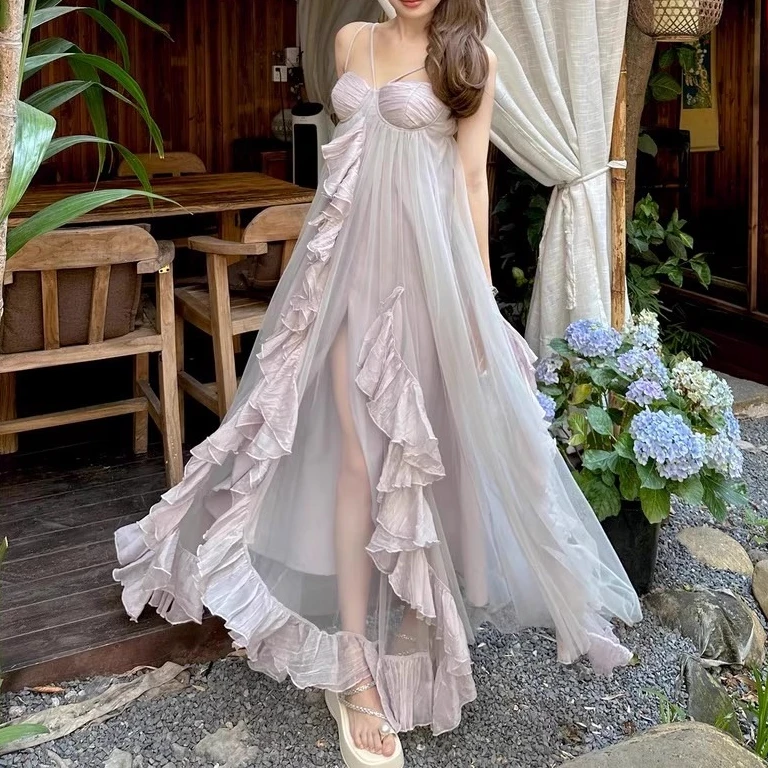 

Apricot Ruffles Elegant Dress Women Sleeveless Streetwear Summer Holiday Party Vestidos Bodycon Streetwear Chic Cloth Lady