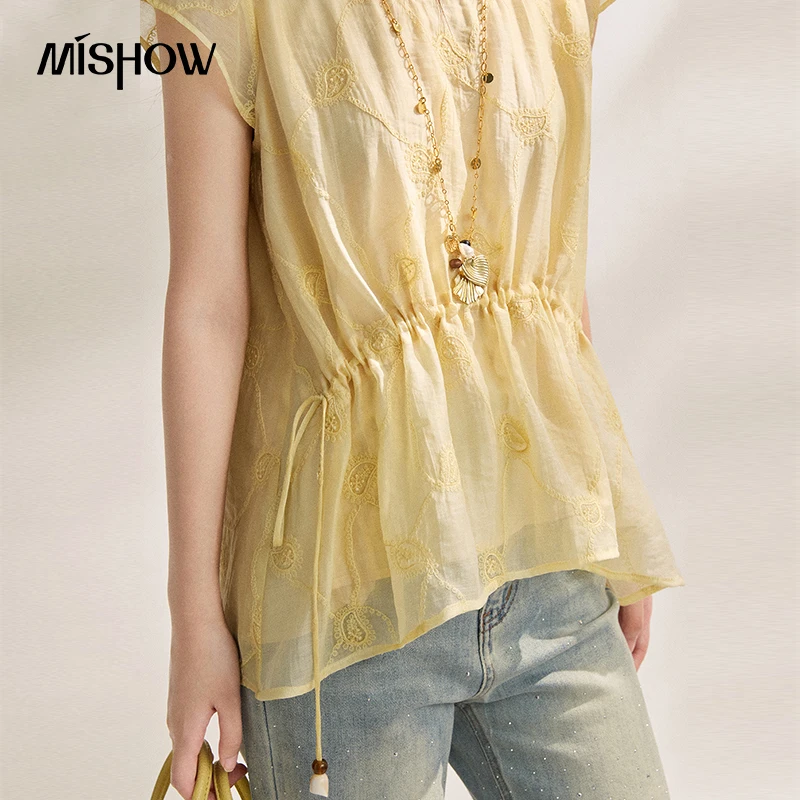 MISHOW New Cashew Flower Embroidered Blouses Bilateral Drawstring Waist-cinching Irregular Hem Loose Short Sleeve Top MXF22X2597