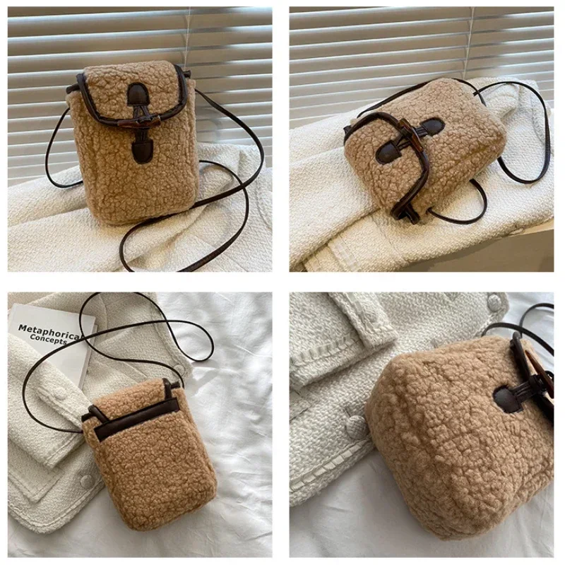 Lambswool-Bolso de piel sintética para mujer, bolsa de piel sintética, suave, dulce, encantador, cruzado, adolescentes, botón de cuerno portátil, Cuadrado de felpa, acogedor