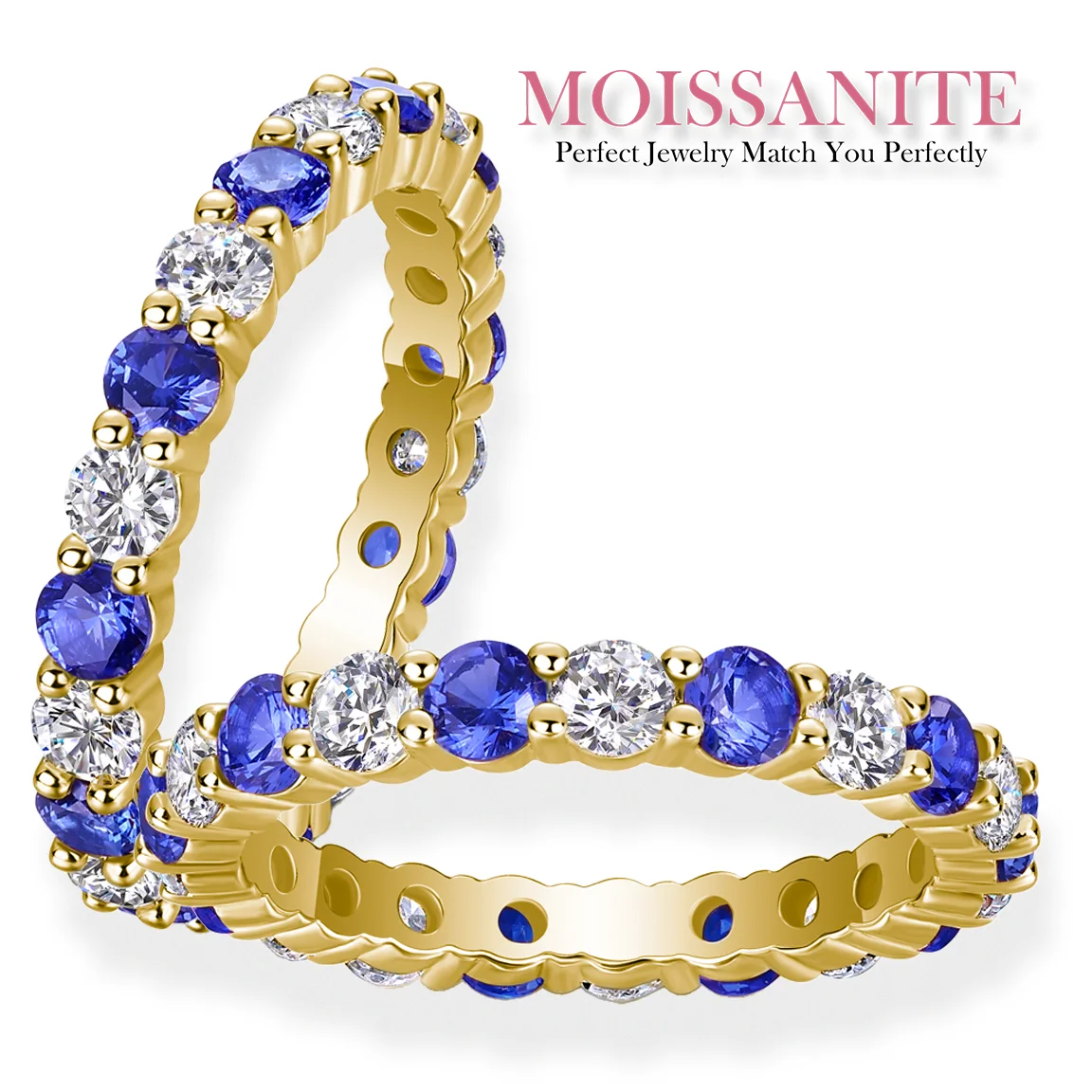 3mm Gold-Plated Eternity Band with Brilliant Moissanite Diamonds and Radiant Synthetic Sapphires – A Luxurious Statement Ring